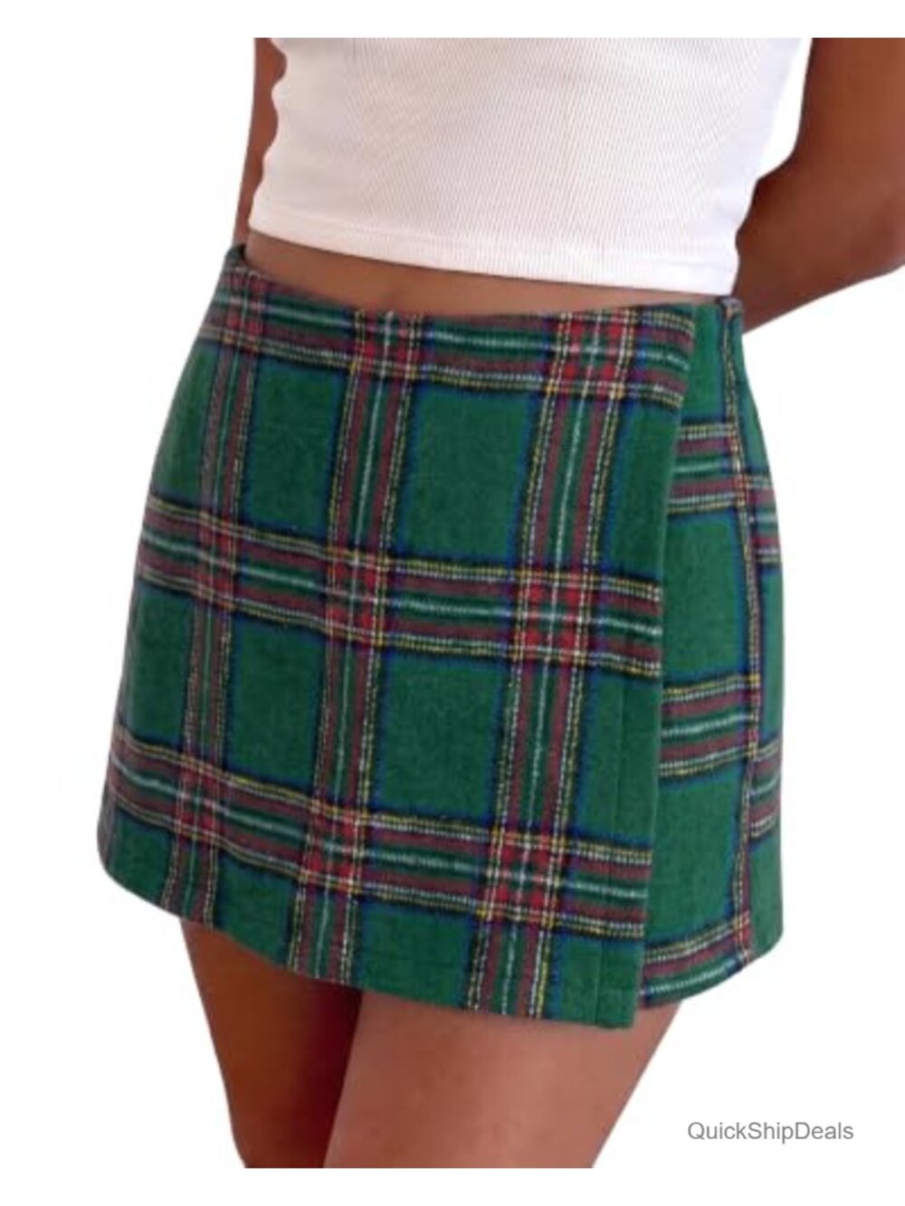 High Waist Plaid Mini Skort with Built-in Shorts Faux Wrap